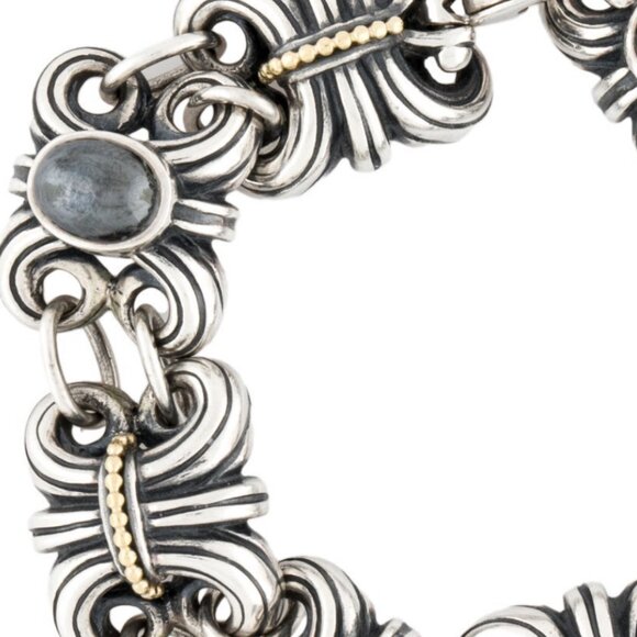 LAGOS STERLING SILVER & 18K YELLOW GOLD HEMATITE FLEUR DE LIS LINK BRACELET - Picture 6 of 10